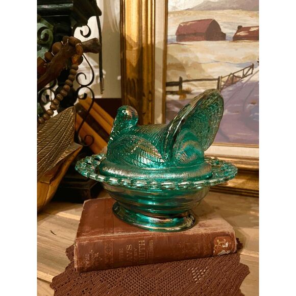 Large Teal Carnival Glass Turkey on Nest Dish – Lace Edge Trinket Box – Mosser G - Picture 6 of 7
